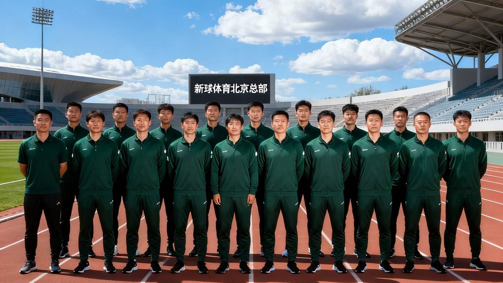 新球体育北京总部的教练团队在标准化田径训练场上整齐排列合影，他们身穿统一的深绿色运动服，背景是蓝天白云和现代化训练设施，展现出专业严谨的团队风貌。