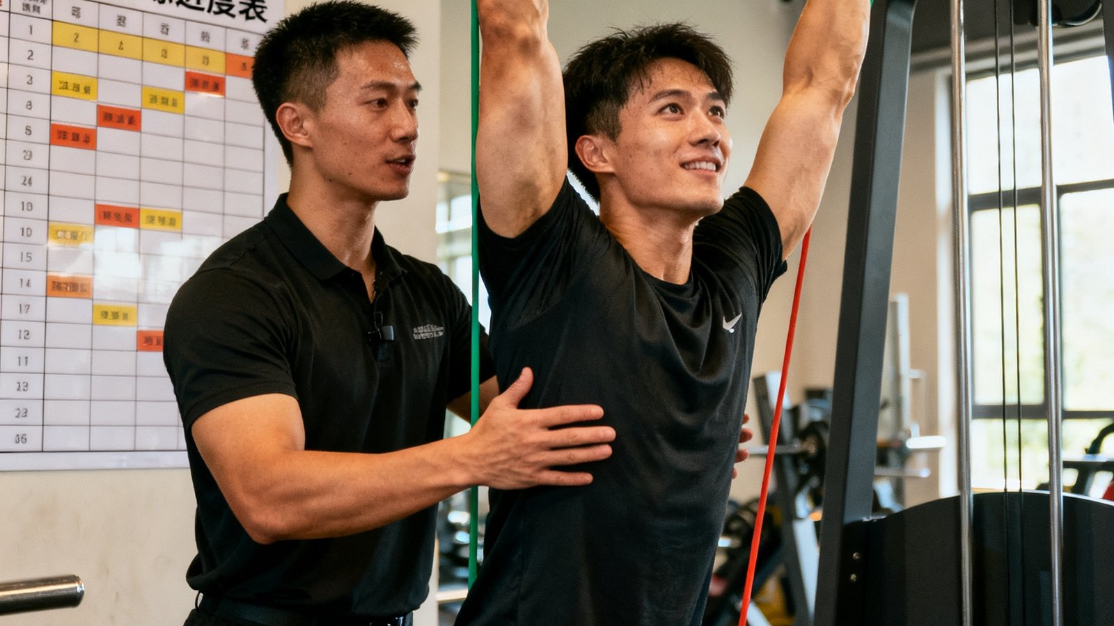 室内健身房中，一名教练正在指导学员使用弹力带辅助进行引体向上训练，墙壁上张贴着六阶段训练进度表，学员表情专注，手臂肌肉线条清晰可见。