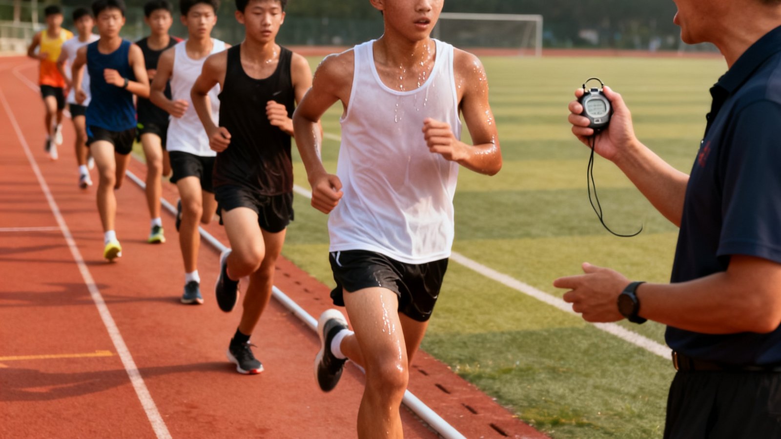 标准400米田径跑道上，一组学生正在进行1000米跑配速训练，教练手持秒表在跑道边大声指导呼吸节奏，学生们步伐整齐，汗水浸透运动服。