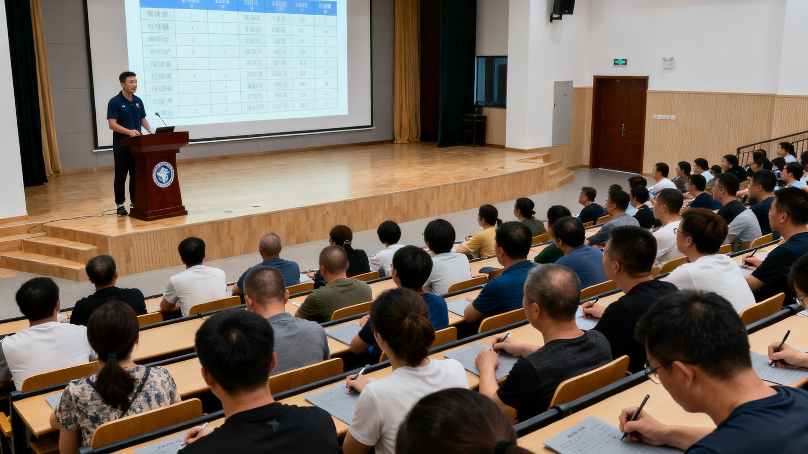 宽敞明亮的报告厅内，新球体育资深教练正在为家长们讲解中考体育政策，投影屏幕上显示着各省市评分标准对比表，家长们认真做笔记，气氛专注。