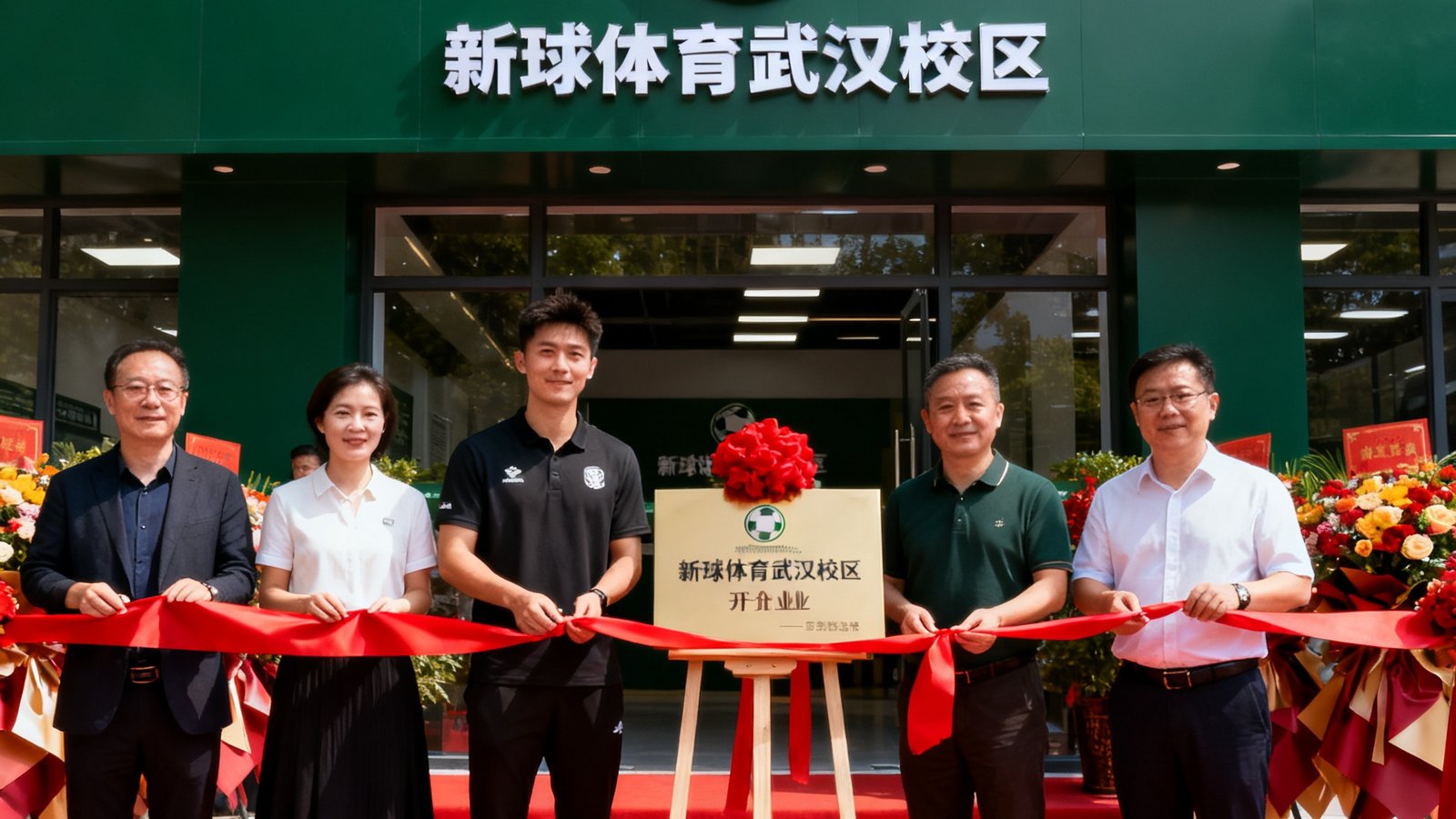 新球体育武汉校区开业剪彩仪式，创始人张教练与当地教育界嘉宾共同揭牌，校区外立面呈现品牌标志性的深绿色。
