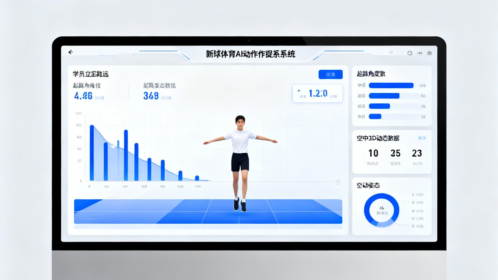 电脑屏幕上展示新球体育AI动作捕捉系统2.0版本的界面，实时分析学员立定跳远的起跳角度和空中姿态数据。