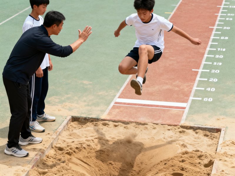 沙坑训练区，教练正用手势向学员演示立定跳远的标准起跳角度和空中收腿动作，学员认真观察模仿，沙坑周围标注着距离刻度线。