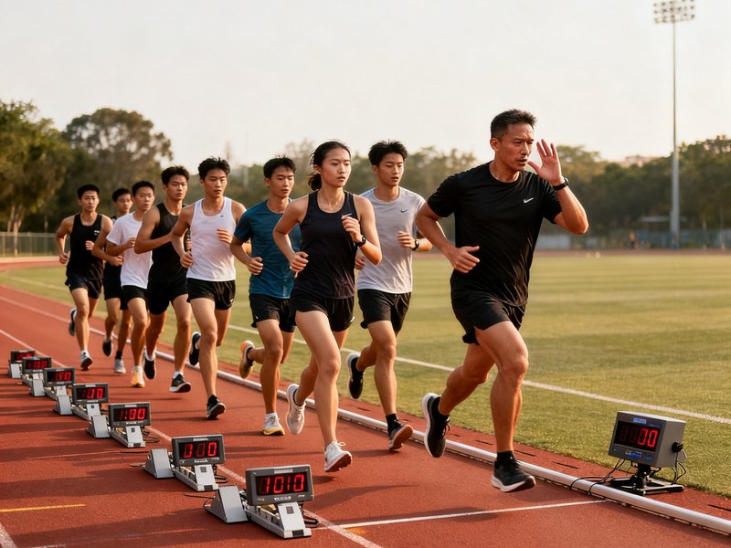 田径跑道上，教练带领一组学员进行配速跑训练，学员们保持着整齐的队形，教练边跑边用手势示意呼吸节奏，跑道旁摆放着计时设备。