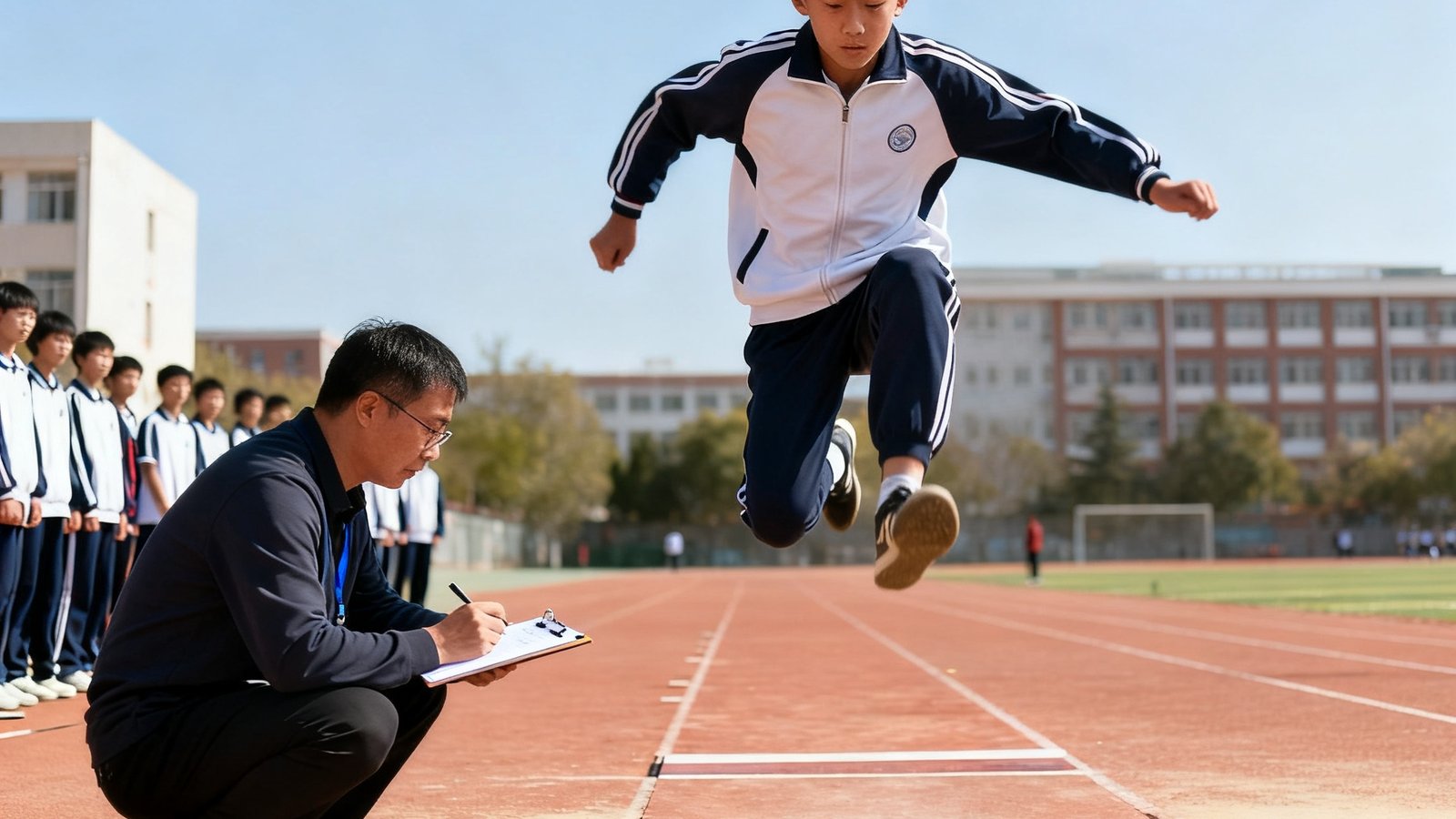 阳光明媚的室外训练场上，一名身穿运动服的初中男生正在奋力进行立定跳远测试，教练蹲在沙坑旁认真记录数据，背景可见其他学生排队等候，远处教学楼隐约可见。